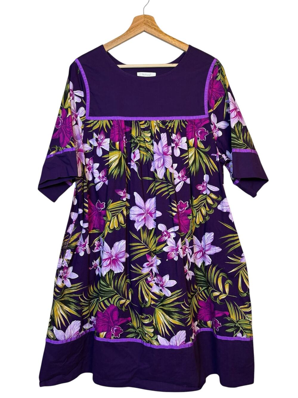 Bechamel Tropical Floral Cotton Flowy Dress Large Purple Orchid Hawaiian Pockets